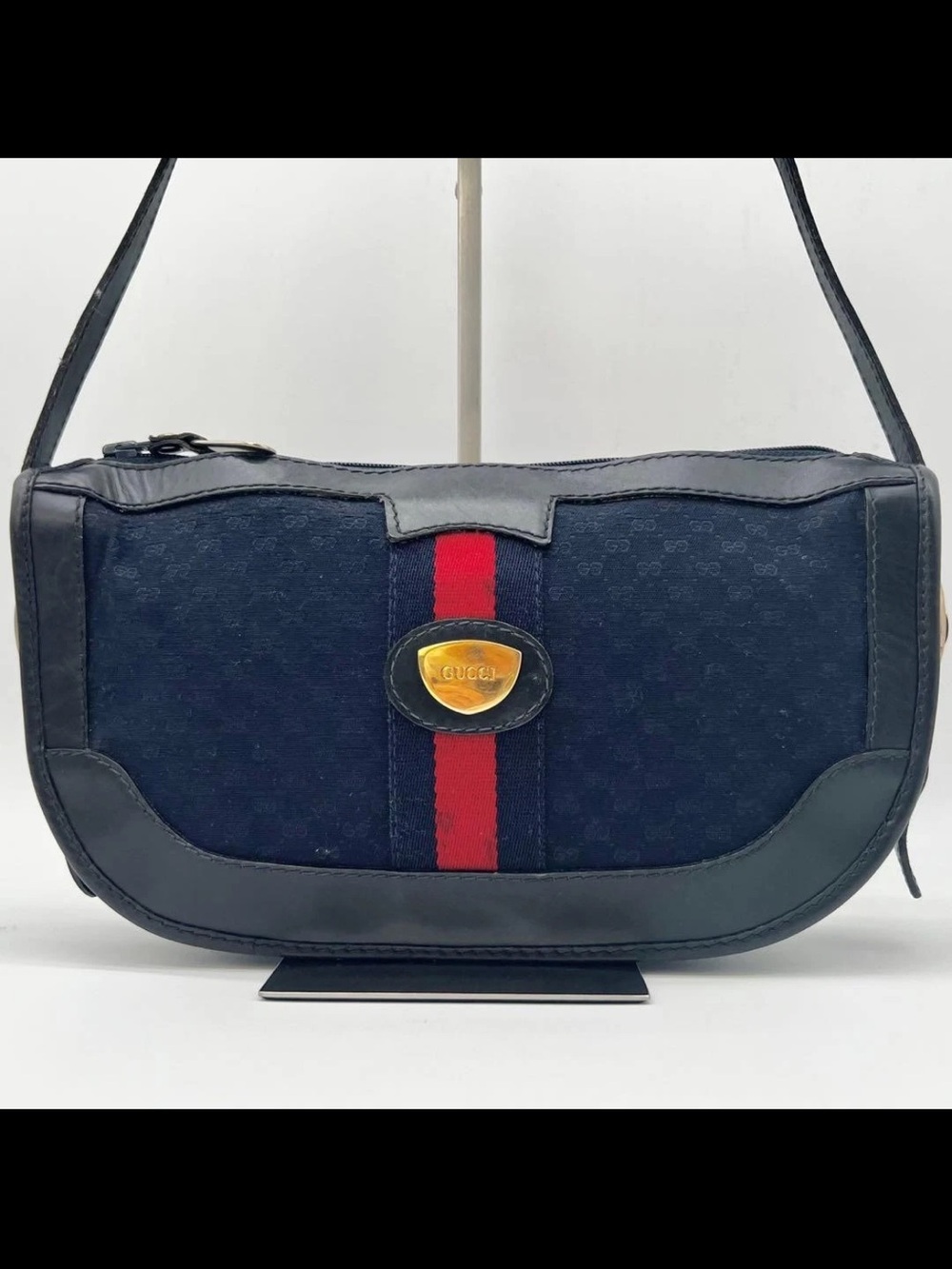 Gucci Navy Canvas Crossbody with Red Center Stripe